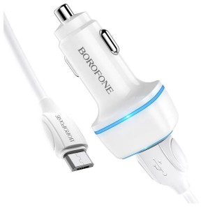 Автомобильное зарядное устройство BOROFONE BZ14 двойной порт белый с кабелем Micro 35959 фото из интернет-магазина Строймикс